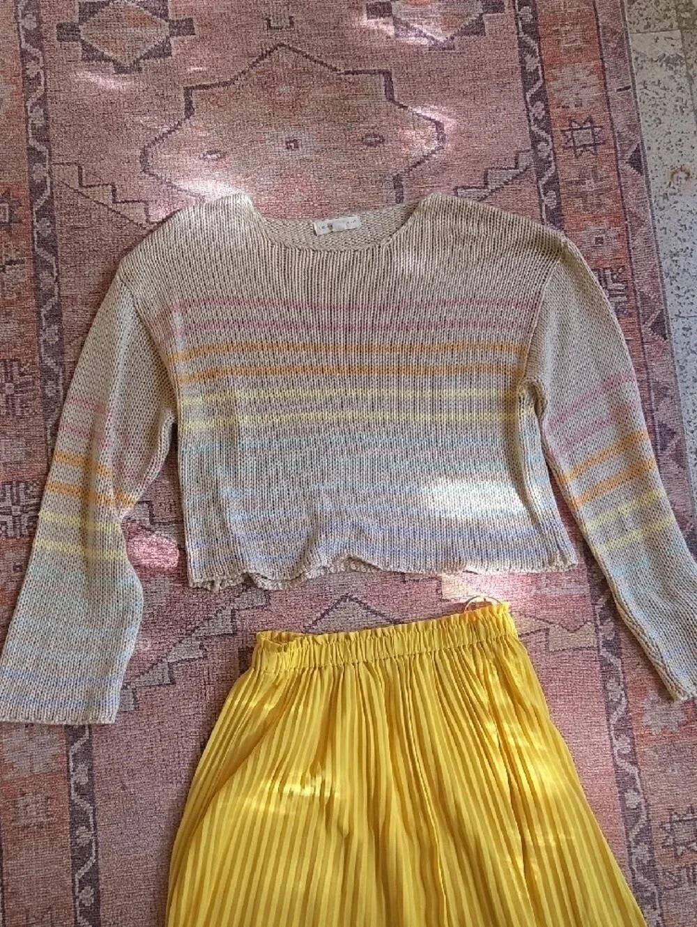 Lovestitch knitted top and Bright Yellow Pleated Midi Skirt from J Crew